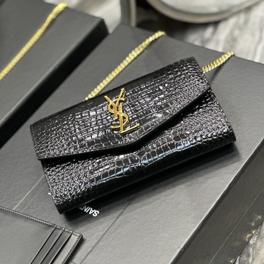 ysl crocodile pattern gold-toned metal hardware uptown chain wallet in crocodile-embossed shiny leather