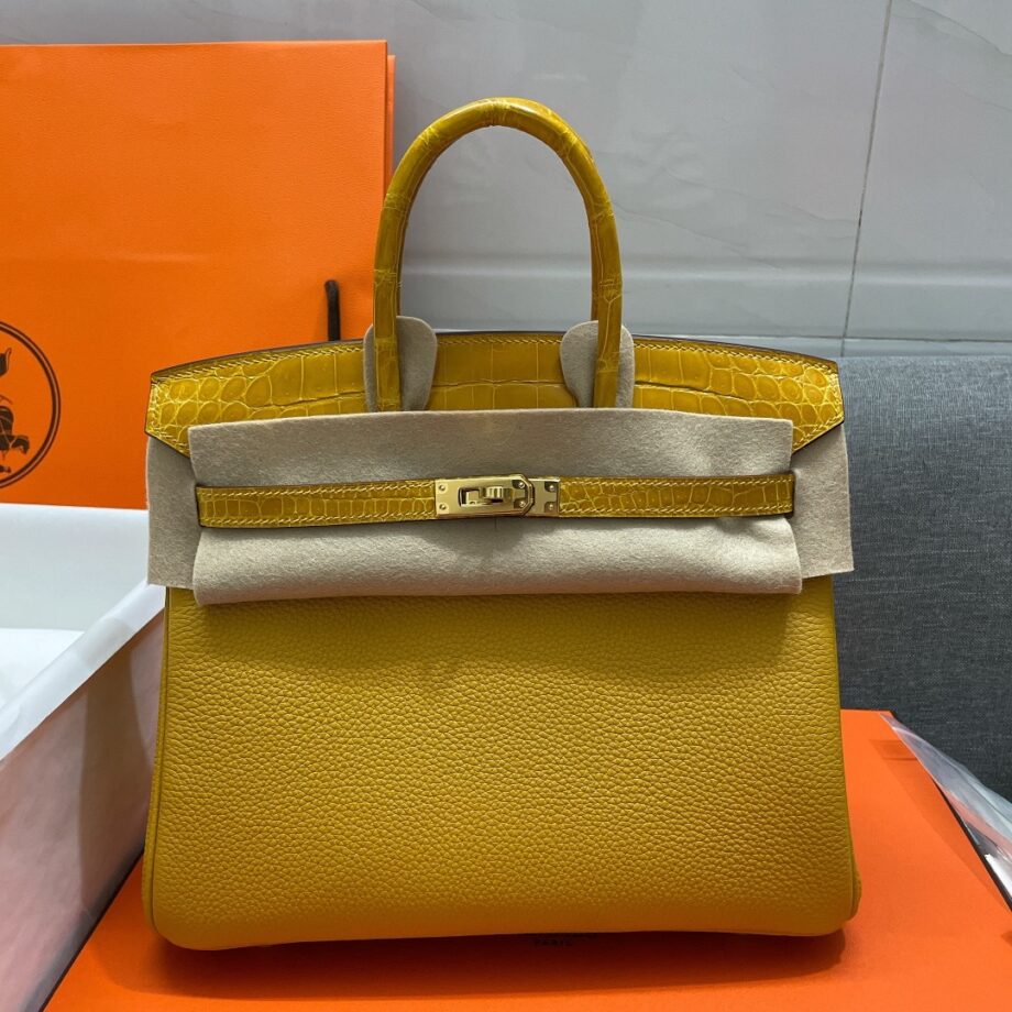 HermèS Birkin25 Yellow Touch Togo Cowhide & Nile Crocodile Leather Hand-Stitched Birkin25